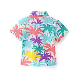 Babyhug 100% Cotton Knit Half Sleeves Regular Collar Shirt With Palm Tree Print- White