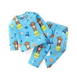 Babyhug Cotton Knit Full Sleeves Teddy Printed Night Suit - Blue