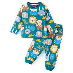 Babyhug Cotton Knit Full Sleeves Night Suit With Bear Print - Blue