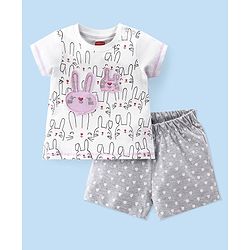 Babyhug Single Jersey Knit Half Sleeves Night Suit with Bunny Print & Patch - White & Grey