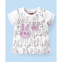 Babyhug Single Jersey Knit Half Sleeves Night Suit with Bunny Print & Patch - White & Grey