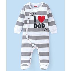 Babyhug Cotton Knit Footed Sleepsuit With Striped Print - Grey