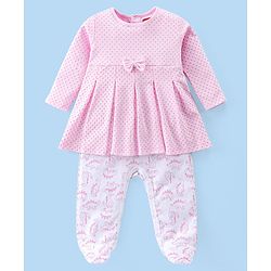 Babyhug Interlock Full Sleeves Sleepsuit Dino & Polka Dots Printed - Pink