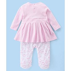 Babyhug Interlock Full Sleeves Sleepsuit Dino & Polka Dots Printed - Pink