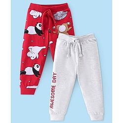 Babyhug Cotton Knit Full Length Lounge Pant With Panda & Hippo Print Pack Of 2 - Grey & Red