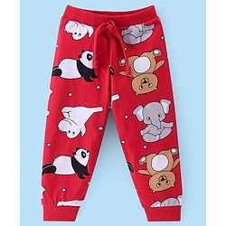 Babyhug Cotton Knit Full Length Lounge Pant With Panda & Hippo Print Pack Of 2 - Grey & Red