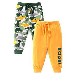 Babyhug Cotton Jersey Knit Full Length Lounge Pants Dino Printed Pack of 2 - Green & Yellow