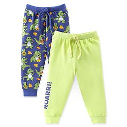 Babyhug Cotton Jersey Knit Full Length Lounge Pants Dino Printed Pack of 2 - Green & Blue