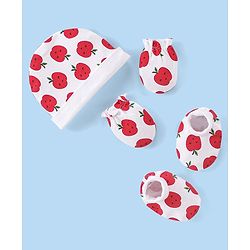 Babyhug 100% Cotton Knit Cap Mittens & Booties Apple Print - Red