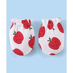 Babyhug 100% Cotton Knit Cap Mittens & Booties Apple Print - Red