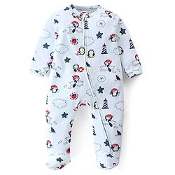 Babyhug Cotton Knit Full Sleeves Footed Sleep Suit Penguin Print - Blue