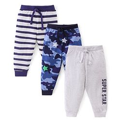 Babyhug Cotton Jersey Knit Full Length Lounge Pants Striped & Star Print Pack of 3 - Multicolor