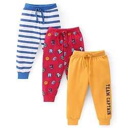 Babyhug Cotton Looper Full Length Lounge Pant With Text Print Pack Of 3 - Navy Blue Yellow & Red