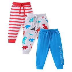 Babyhug Cotton Jersey Knit Full Length Lounge Pants Striped & Dino Print Pack of 3 - Multicolor