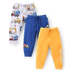 Babyhug Cotton Jersey Knit Full Length Lounge Pant Truck & Text Print Pack of 3 - Blue White & Yellow