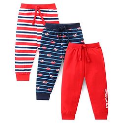 Babyhug Cotton Knit Full Length Striped & Solid Colour Lounge Pants Pack of 3 - Multicolour
