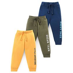 Babyhug Cotton Knit Full Length Text Print Lounge Pants Pack of 3 - Yellow Green & Blue