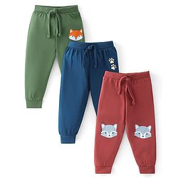 Babyhug Cotton Full Length Lounge Pants Fox Print Pack of 3 - Blue Green & Red