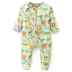 Babyhug Cotton Knit Full Sleeves Footed Sleep Suit With Dino Print - Green