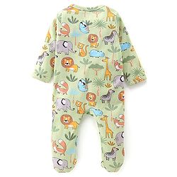 Babyhug Cotton Knit Full Sleeves Footed Sleep Suit With Dino Print - Green
