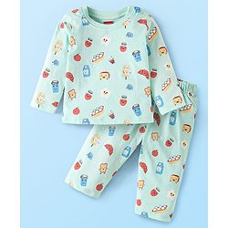 Babyhug Interlock Knit Full Sleeves Night Suit Eggs & Bread Printed - Blue