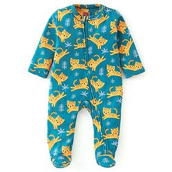 Babyhug Cotton Knit Full Sleeves Sleepsuit With Leopard Print - Blue
