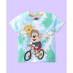 Babyhug Cotton Knit Half Sleeves Monkey Print T-Shirt - Light Blue & White