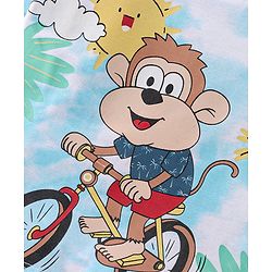 Babyhug Cotton Knit Half Sleeves Monkey Print T-Shirt - Light Blue & White