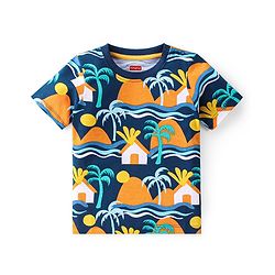 Babyhug 100% Cotton Knit Half Sleeves T-Shirt Palm Tree Graphics - Navy Blue
