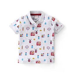 Babyhug 100% Cotton Half Sleeves Polo T-Shirt With London Theme Graphics - Grey