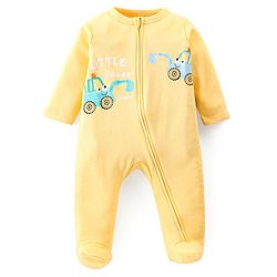 Babyhug Cotton Knit Full Sleeves Footed Sleep Suit JCB Print - Yellow