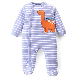 Babyhug Cotton Knit Full Sleeves Footed Sleep Suit Striped & Dino Print - Blue