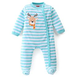 Babyhug Cotton Knit Full Sleeves Footed Sleep Suit Striped & Reindeer Print - Blue