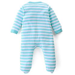 Babyhug Cotton Knit Full Sleeves Footed Sleep Suit Striped & Reindeer Print - Blue