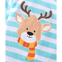 Babyhug Cotton Knit Full Sleeves Footed Sleep Suit Striped & Reindeer Print - Blue