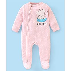 Babyhug Cotton Interlock Knit Footed Sleepsuit Elephant Print - Pink