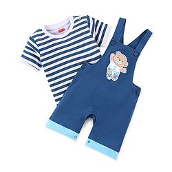 Babyhug 100% Cotton Knit Dungaree and Half Sleeves T-Shirt Set Stripes & Bear Patch - White & Blue