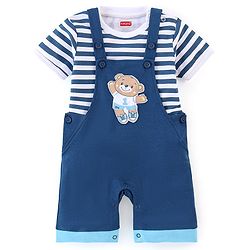 Babyhug 100% Cotton Knit Dungaree and Half Sleeves T-Shirt Set Stripes & Bear Patch - White & Blue