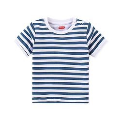 Babyhug 100% Cotton Knit Dungaree and Half Sleeves T-Shirt Set Stripes & Bear Patch - White & Blue