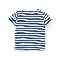 Babyhug 100% Cotton Knit Dungaree and Half Sleeves T-Shirt Set Stripes & Bear Patch - White & Blue