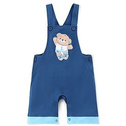 Babyhug 100% Cotton Knit Dungaree and Half Sleeves T-Shirt Set Stripes & Bear Patch - White & Blue