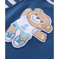 Babyhug 100% Cotton Knit Dungaree and Half Sleeves T-Shirt Set Stripes & Bear Patch - White & Blue