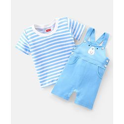 Babyhug Cotton Knit Dungaree with Striped Inner Tee & Teddy Applique - Blue
