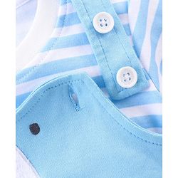 Babyhug Cotton Knit Dungaree with Striped Inner Tee & Teddy Applique - Blue