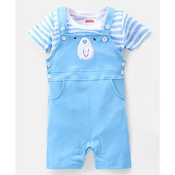 Babyhug Cotton Knit Dungaree with Striped Inner Tee & Teddy Applique - Blue