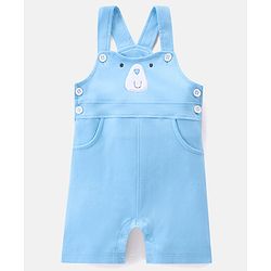 Babyhug Cotton Knit Dungaree with Striped Inner Tee & Teddy Applique - Blue