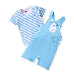 Babyhug Cotton Knit Dungaree with Striped Inner Tee & Teddy Applique - Blue