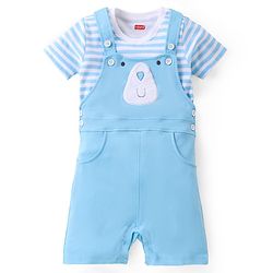 Babyhug Cotton Knit Dungaree with Striped Inner Tee & Teddy Applique - Blue