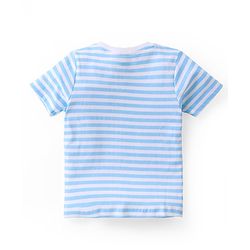 Babyhug Cotton Knit Dungaree with Striped Inner Tee & Teddy Applique - Blue