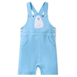 Babyhug Cotton Knit Dungaree with Striped Inner Tee & Teddy Applique - Blue